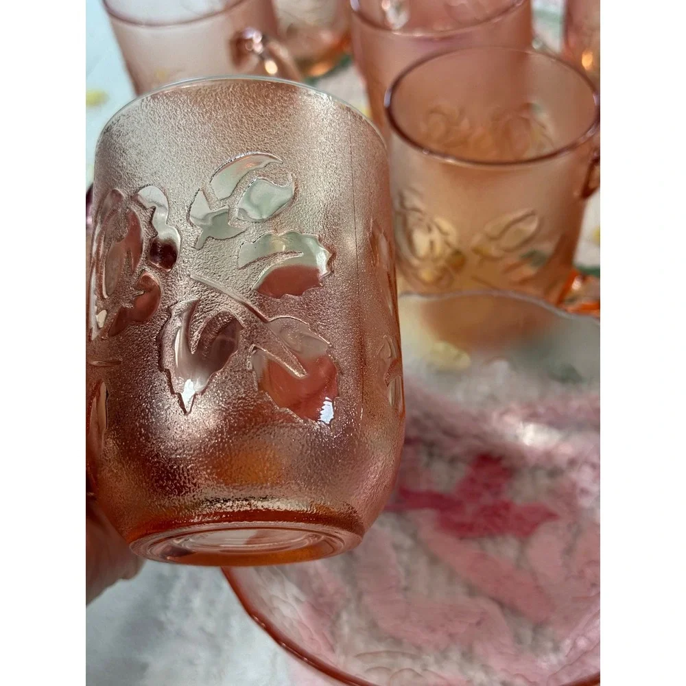 Arcoroc France Rosaline Pink Glass Set  12 Mugs 11 Bowls Rose Floral‎ Vintage